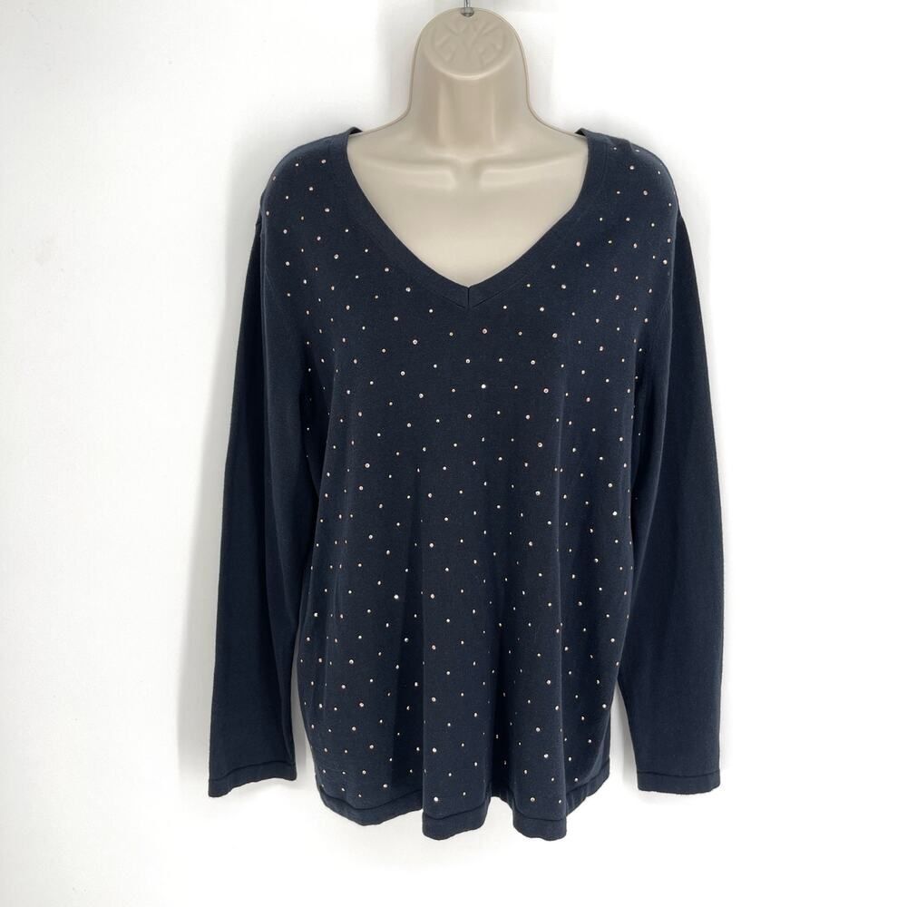 Tommy Hilfiger NEW Navy V-Neck Sweater Womens XL Copper Metal Studs Long Sleeve